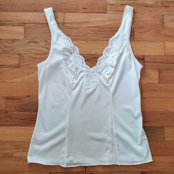 Vintage Nylon V Neck Camisole Lace Trim Boho Coquette Minimalist Preppy Retro - Picture 1 of 10